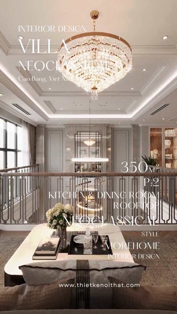 Villa Neoclassical 350M upper living room looking over lower living room loft